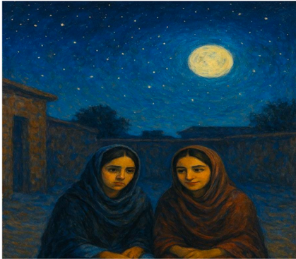 Two Afghan women looking up at a starlit sky